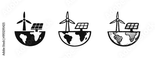 Global Clean Energy Icons: Earth with Windmill and Photovoltaic Panels in Doodle Style