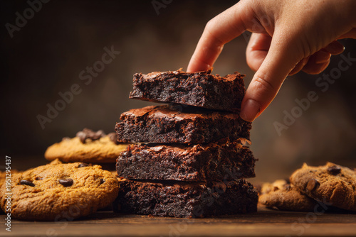 Wallpaper Mural close-up of stacked homemade brownies and cookies with person reaching to pick one, shallow depth of field, natural daylight, Torontodigital.ca