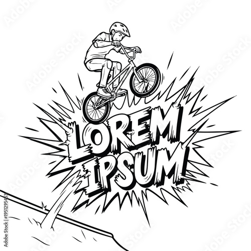 A person wearing a bmx tshirt rides a bicycle in mid-air with motion lines, conveying a dynamic and energetic mood