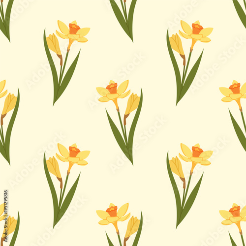 Seamless floral pattern with daffodils, spring botanical background in flat style for fabric, wallpaper and packaging design.