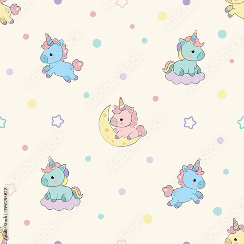 Seamless Baby Pattern with Cute Unicorns Stars and Clouds