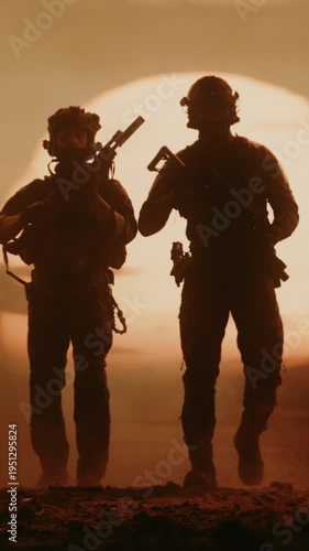 Vertical Screen: Special Forces Soldiers Advance Through a Middle East Desert at Sunset, Weapons Ready for Modern Warfare Strike Operation. Cinematic High-tech Military Mission with Army Silhouettes