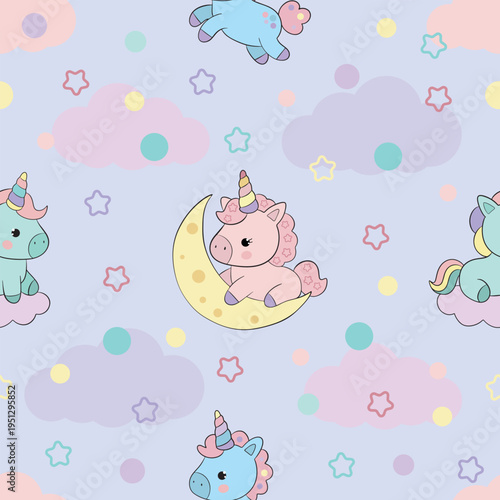Seamless Baby Pattern with Cute Unicorns Stars and Clouds
