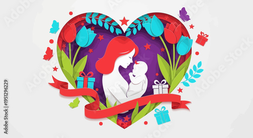 Mother's Day Papercut Illustration: Mother Holding Baby in Heart Frame with Tulips, Gifts, and Butterflies. 3D Layered Paper Style Art for Greeting Cards and Posters.