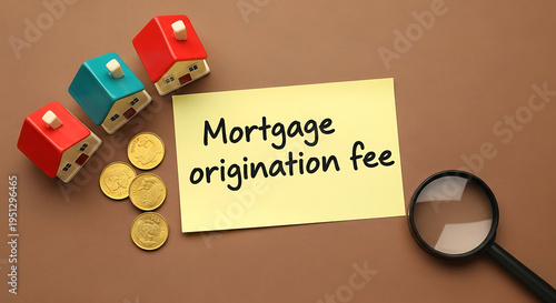 Small toy houses coins magnifying glass mortgage origination fee note