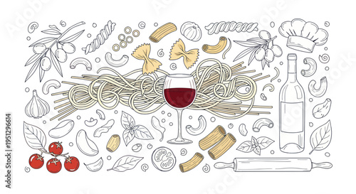 Italian Food Ingredients and Pasta Assortment with Red Wine
