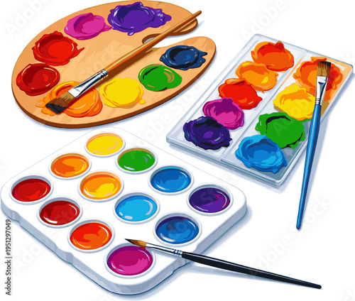 Isolated a realistic kinds of deferent Paint Palette with Colors of Rainbow Arranged with Brush for Various Arts Projects vector art with white background..