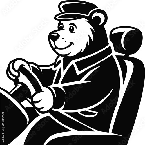 Happy bear driver wearing cap driving car holding steering wheel black and white vector mascot illustration for transportation and delivery