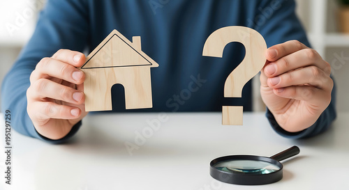 Person holding wooden house and question mark with magnifying glass on table