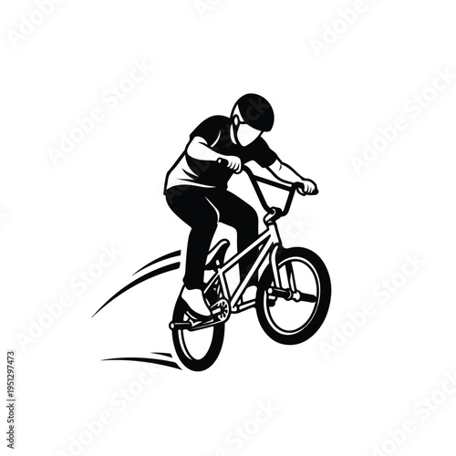 A black and white illustration of a bmx rider in motion, performing a trick on a bike with motion blur, conveying a sense of speed and action on a plain background