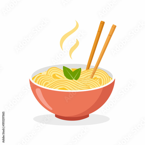 Steaming bowl of Asian noodles with chopsticks and green leaf