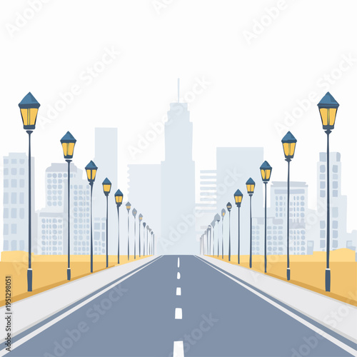 Straight road with streetlights leading to city skyline