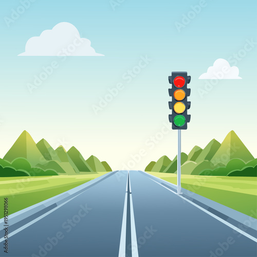 Straight road with traffic light and mountains under clear sky
