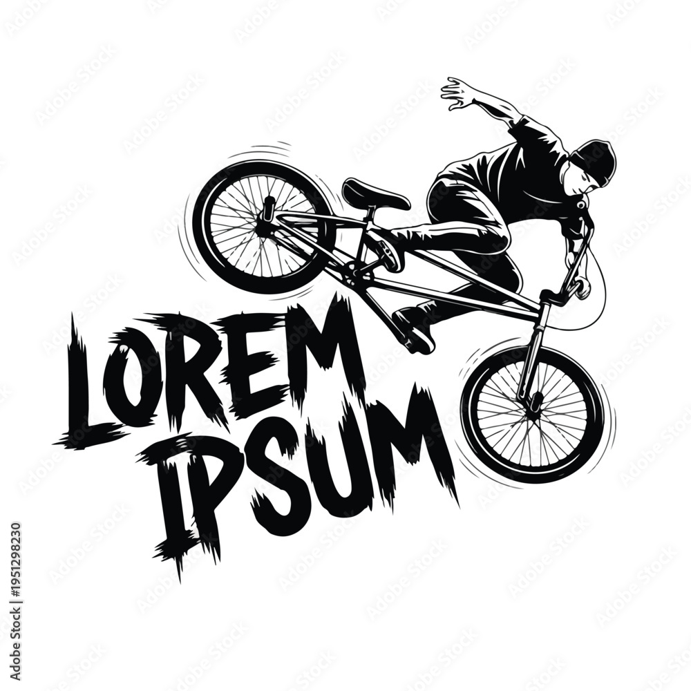 Fototapeta premium A bmx rider wearing a tshirt performs a trick on a bike with dynamic motion graphics and text in a bold, black and white design