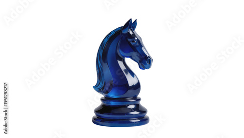Isolated translucent blue glass chess knight piece, elegant crystal game figure, strategic move