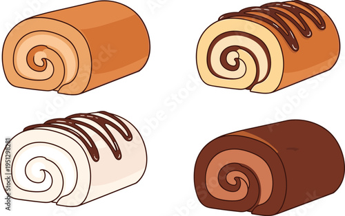 Collection of four cartoon Swiss roll cakes with chocolate drizzle, colorful variations, vector dessert illustration for bakery, culinary, and artistic use