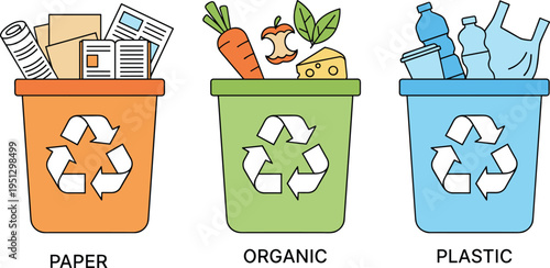 Cartoon recycling bins illustration with paper, organic, and plastic waste segregation for environmental sustainability design