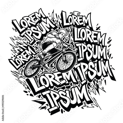 A black and white graphic illustration of a bmx cyclist wearing a tshirt, surrounded by bold typography and abstract shapes