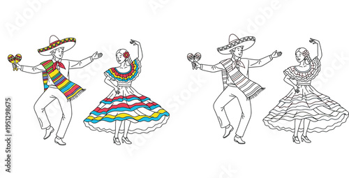 Traditional Mexican couple dancing with maracas and sombrero. Colorful and black and white line art illustration for Cinco de Mayo fiesta celebration.