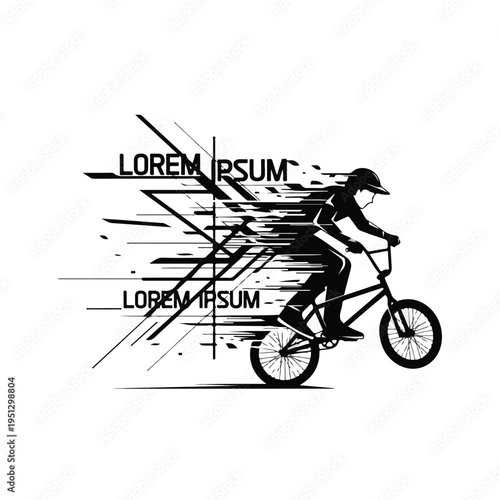 Naklejka premium A black silhouette of a person riding a BMX bike wearing a tshirt against a white background with abstract lines and Lorem Ipsum text