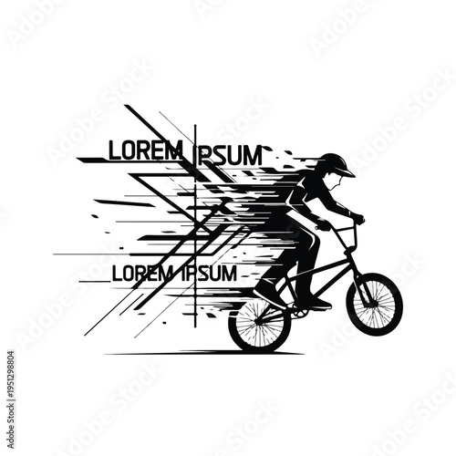 A black silhouette of a person riding a BMX bike wearing a tshirt against a white background with abstract lines and Lorem Ipsum text