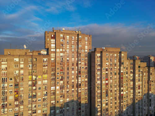 High angle aerial photograph of the unique stepped residential buildings in Block 63. Drone view showcasing the brutalist architecture and urban layout of New Belgrade, Serbia 12.08.2024