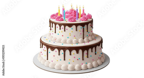 Two tier birthday cake with chocolate glaze and colorful candles isolated on transparent background