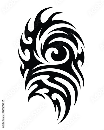 Bold tribal tattoo sketch with swirling lines, spikes, and a central spiral motif. Symmetrical and dynamic design, perfect for body art, tattoo studios, and cultural decorative projects.