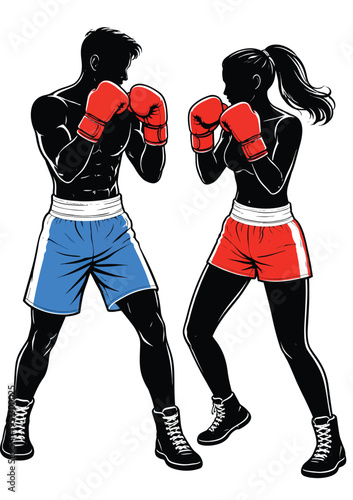 073-47-Two athletes wearing boxing gloves and shorts preparing for competition or training