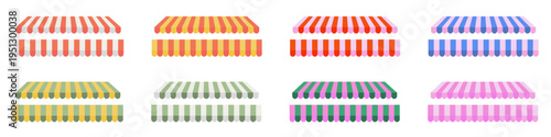 Striped shop awning and store canopy set isolated on transparent background. Colorful window awning vector collection
