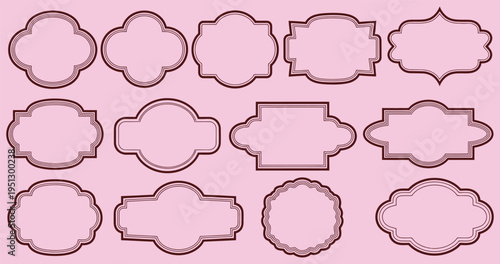 Set of elegant vector frames and decorative labels in various vintage shapes, perfect for retro design, badges, and text containers, rendered with a soft pink color palette