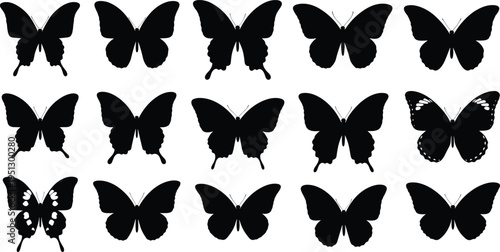 Vector collection of black butterfly silhouettes featuring various wing shapes and species for nature, spring, garden, wedding, and delicate decorative graphic design projects.