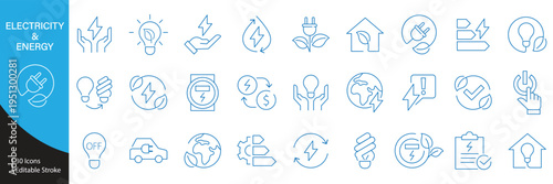 ELECTRICITY AND ENERGY Line Editable Icons set. Vector illustration in modern thin line style of electrical energy related icons: electricity meter, electric cable, electrical panel, and more
