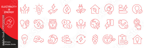 ELECTRICITY AND ENERGY Line Editable Icons set. Vector illustration in modern thin line style of electrical energy related icons: electricity meter, electric cable, electrical panel, and more