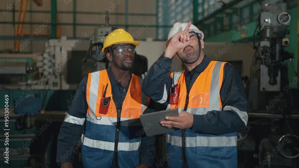 Industrial Collaboration: Two skilled engineers in safety gear, engaged ...