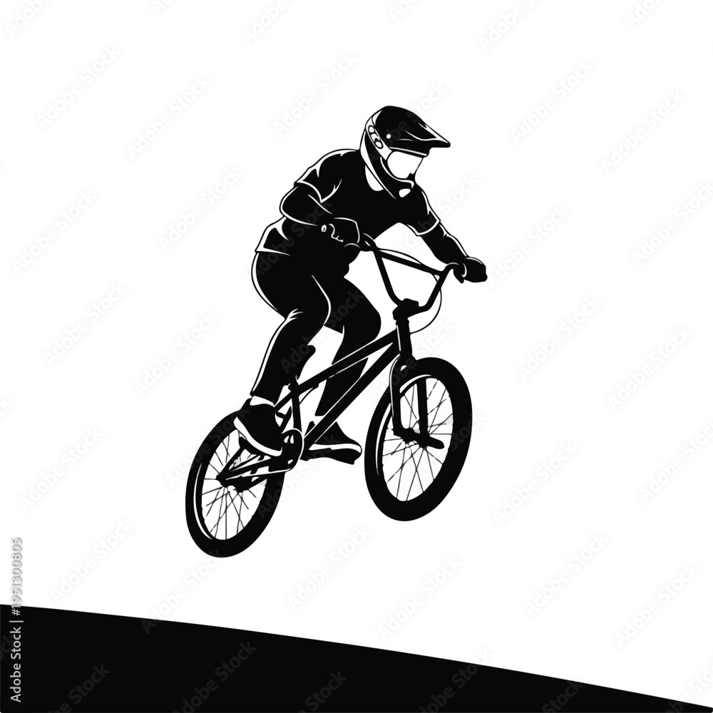 Obraz premium A black silhouette of a bmx rider performing a trick on a bike against a white background with a minimalist composition