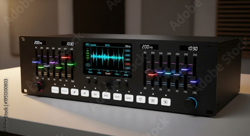 Professional audio mixing console with digital display and control panel on a table in a recording studio