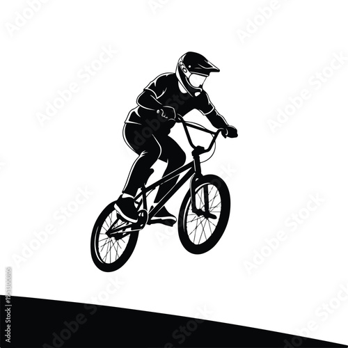 A black silhouette of a bmx rider performing a trick on a bike against a white background with a minimalist composition