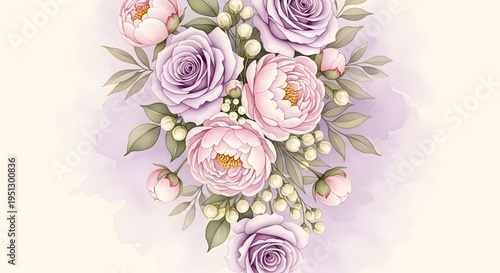 Beautiful bouquet of pink peonies and white flowers on soft purple background
