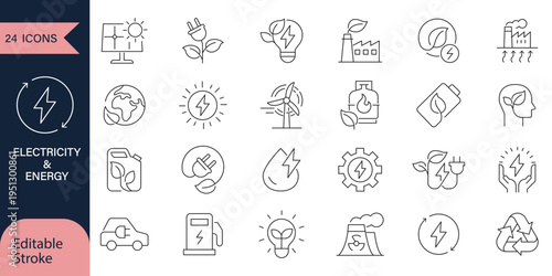 Electrical energy icons set, electricity, voltage, current, renewable energy, solar, battery, plug, circuit, energy efficiency, technology, professional design editable stroke vector Illustration.