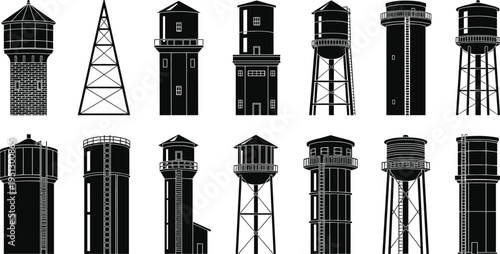 Water tower silhouette illustration set showing various industrial storage tanks and elevated structures isolated on white background, urban infrastructure, 