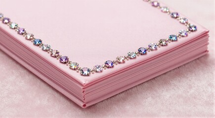 Elegant pink notebook with rhinestone border on soft fabric background