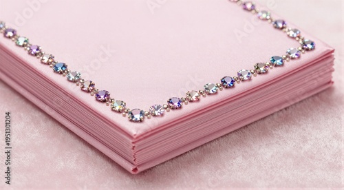 Elegant pink notebook with rhinestone border on soft fabric background