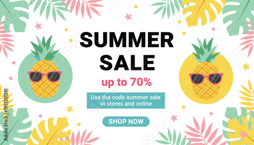 Colorful summer sale illustration with tropical pineapples, sunglasses, leaves, and promotional discount design