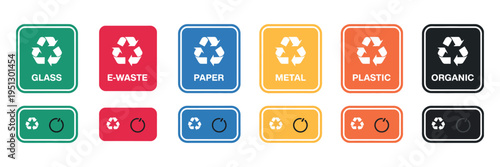 Fotografie Recycling symbols waste sorting icons plastic paper glass metal organic ewaste b