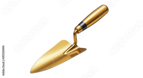 Shiny golden hand trowel tool for gardening and construction work isolated on transparent background