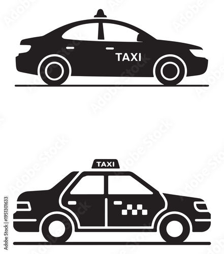 Two black silhouettes of taxi cabs, one modern sedan and one with a checkered pattern, representing urban transport.