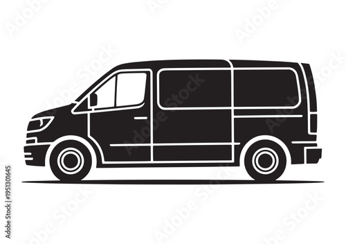 Black silhouette of a modern cargo van, isolated on a white background, commercial vehicle.