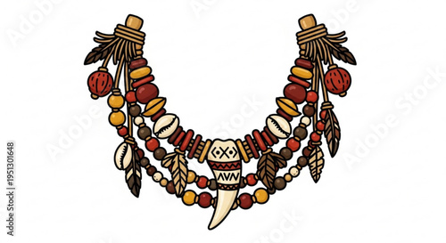Vibrant tribal necklace with colorful beads feathers and tooth pendant on white background