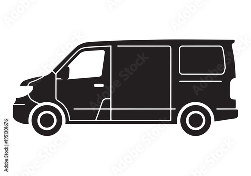 Side profile silhouette of a utility van, isolated on a white background, commercial transport.